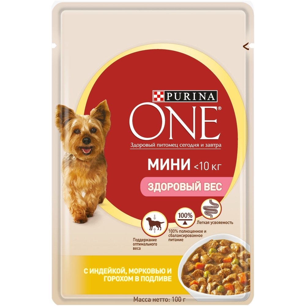 Влажный корм Purina ONE Мини Контроль веса для взрослых собак мелких пород  с низкой физической активностью или склонных к набору веса (кусочки в  подливе) – Корм для собак