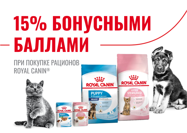 15% бонусными баллами при покупке рационов Royal Canin для щенков и котят