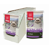 Blitz Sterilised пауч для взрослых кошек (кусочки в соусе) (Утка и лосось, 85 г. упаковка 24 шт)