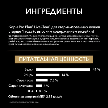 Pro Plan LiveClear сухой корм для стерилизованных кошек и кастрированных котов от 1 года