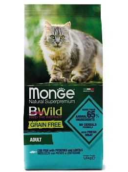 Monge Bwild Cat Grain Free беззерновой корм из трески, картофеля и чечевицы для взрослых кошек